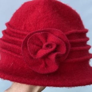 Red wool hat with flower. Winter wool hat.